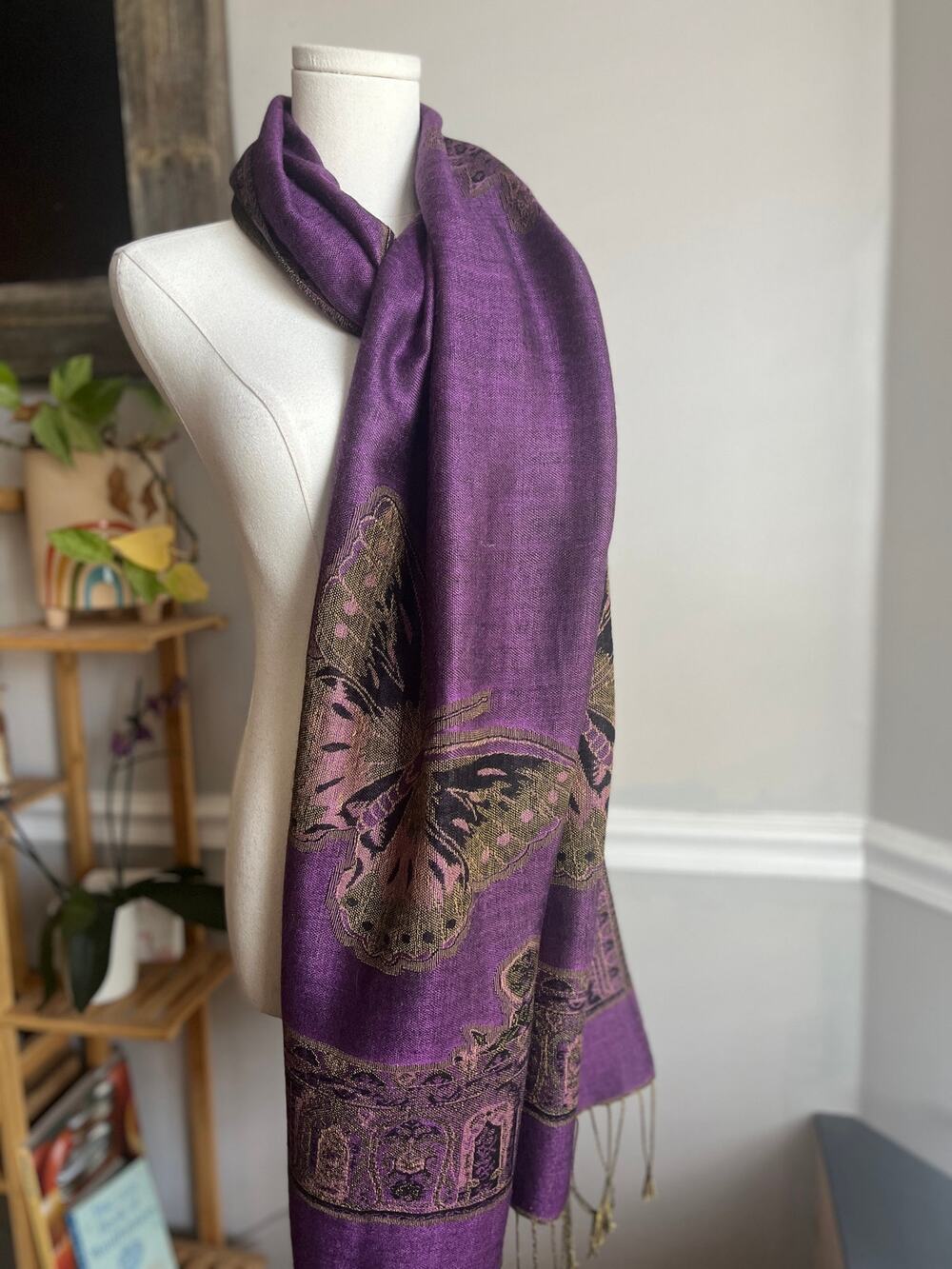 Vintage Y2K Butterfly Pashmina Cashmere Scarf Purple Fringe Shawl Wrap